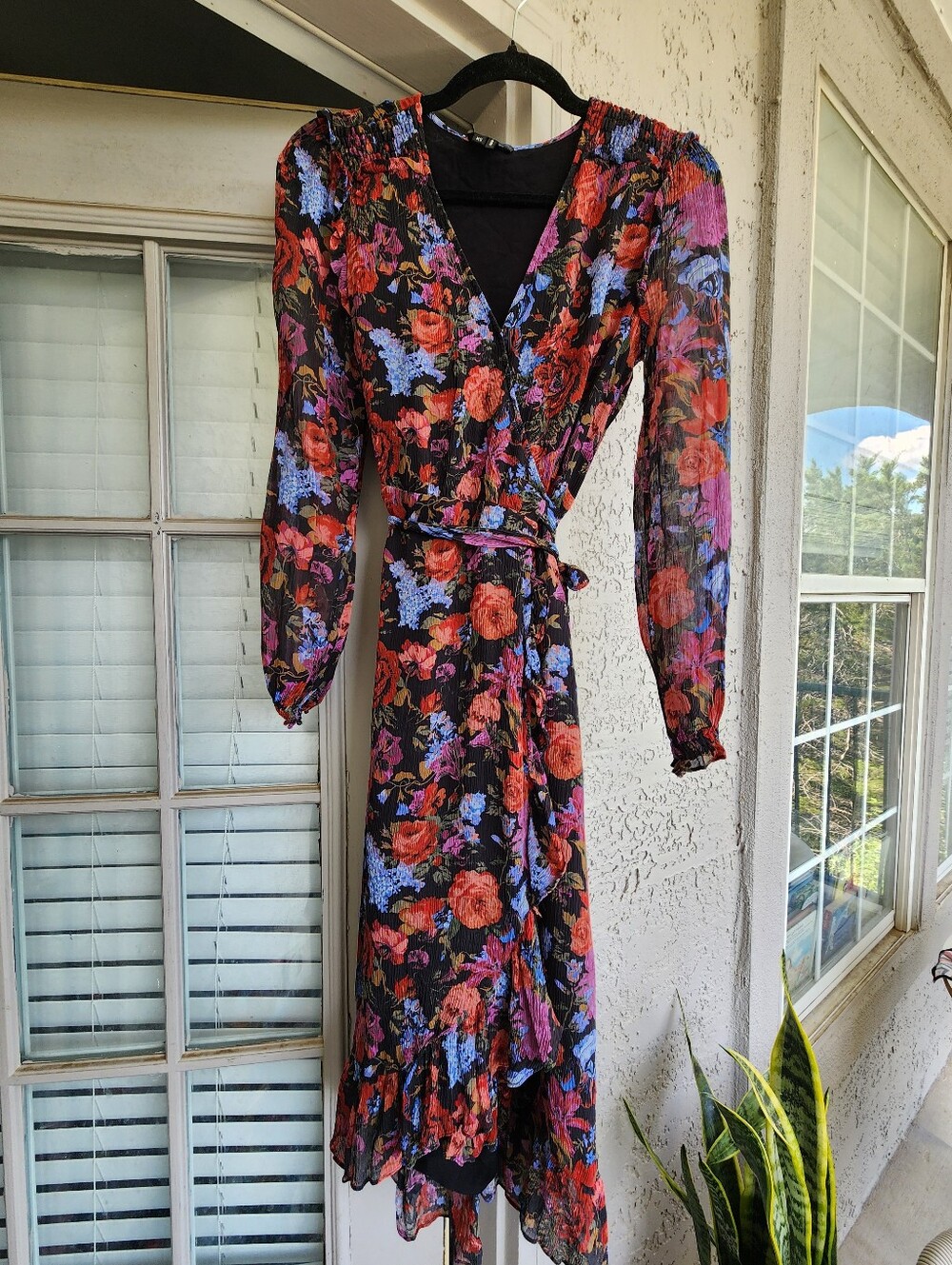 PAIGE Paulette Floral Long Sleeve  V-Neck Midi Wrap Dress - Black Red Pink Multi - Picture 8 of 16